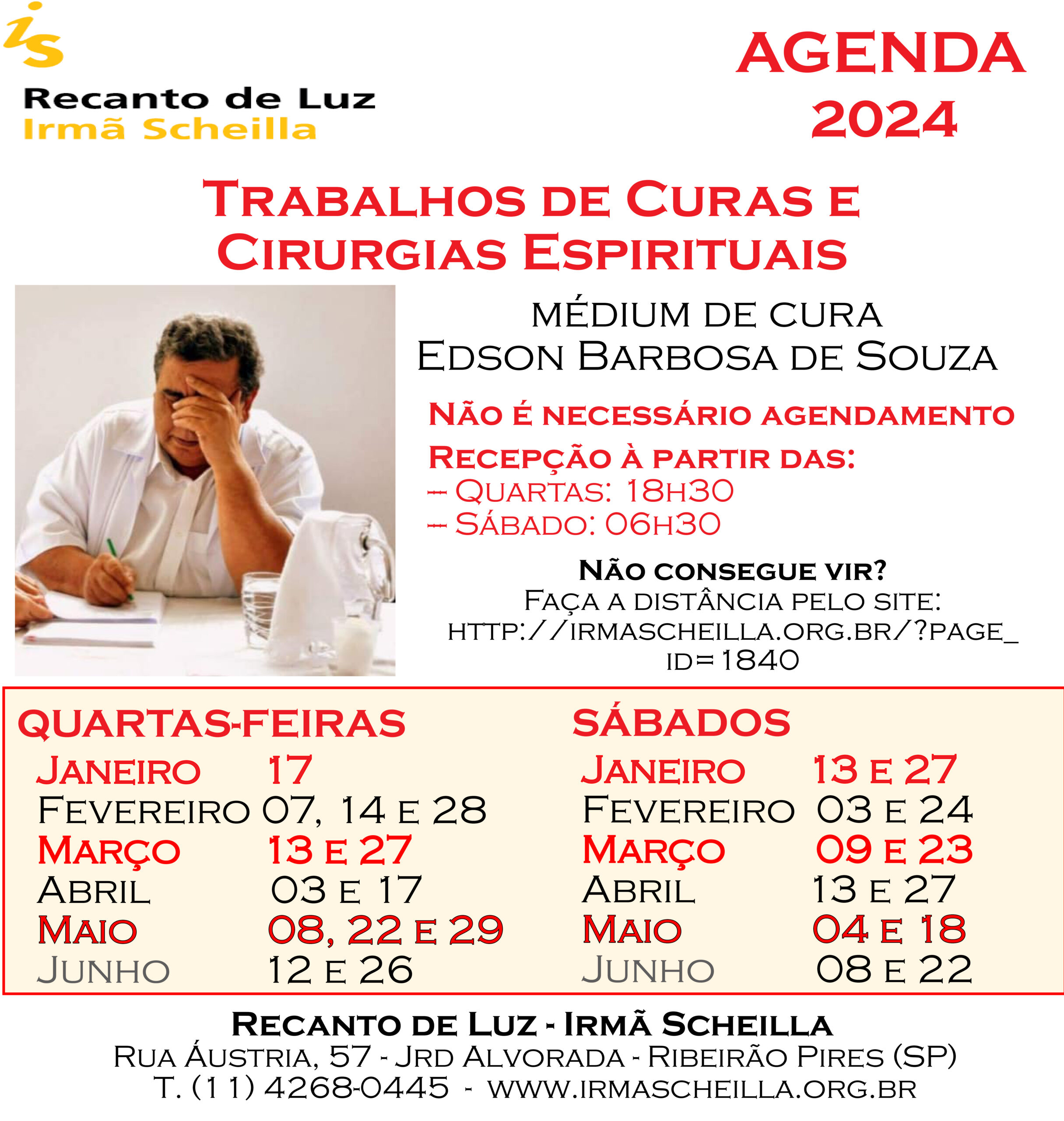 Agenda do mês - Trabalhos de curas e cirurgias espirituais - Semestre I (2024)