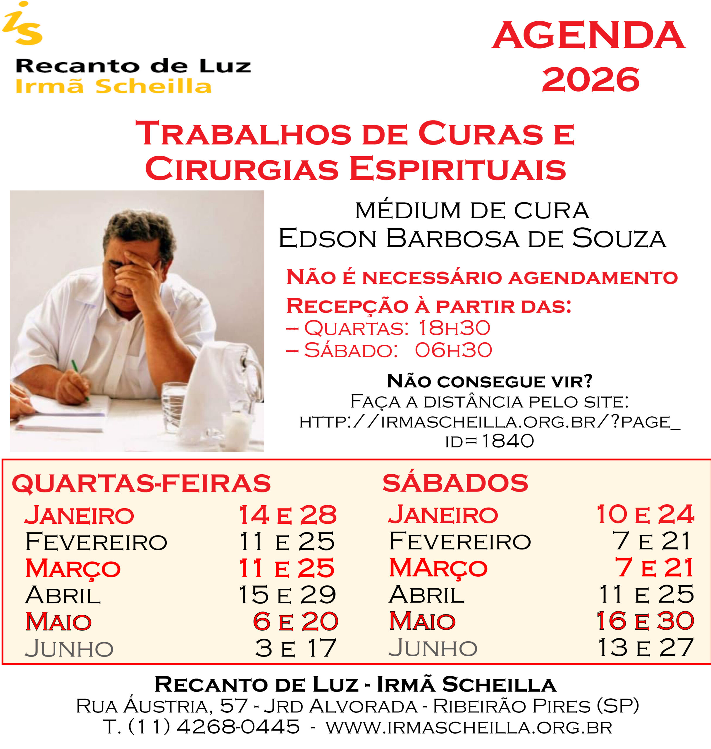 Agenda do mês - Trabalhos de curas e cirurgias espirituais - Semestre II (2024)